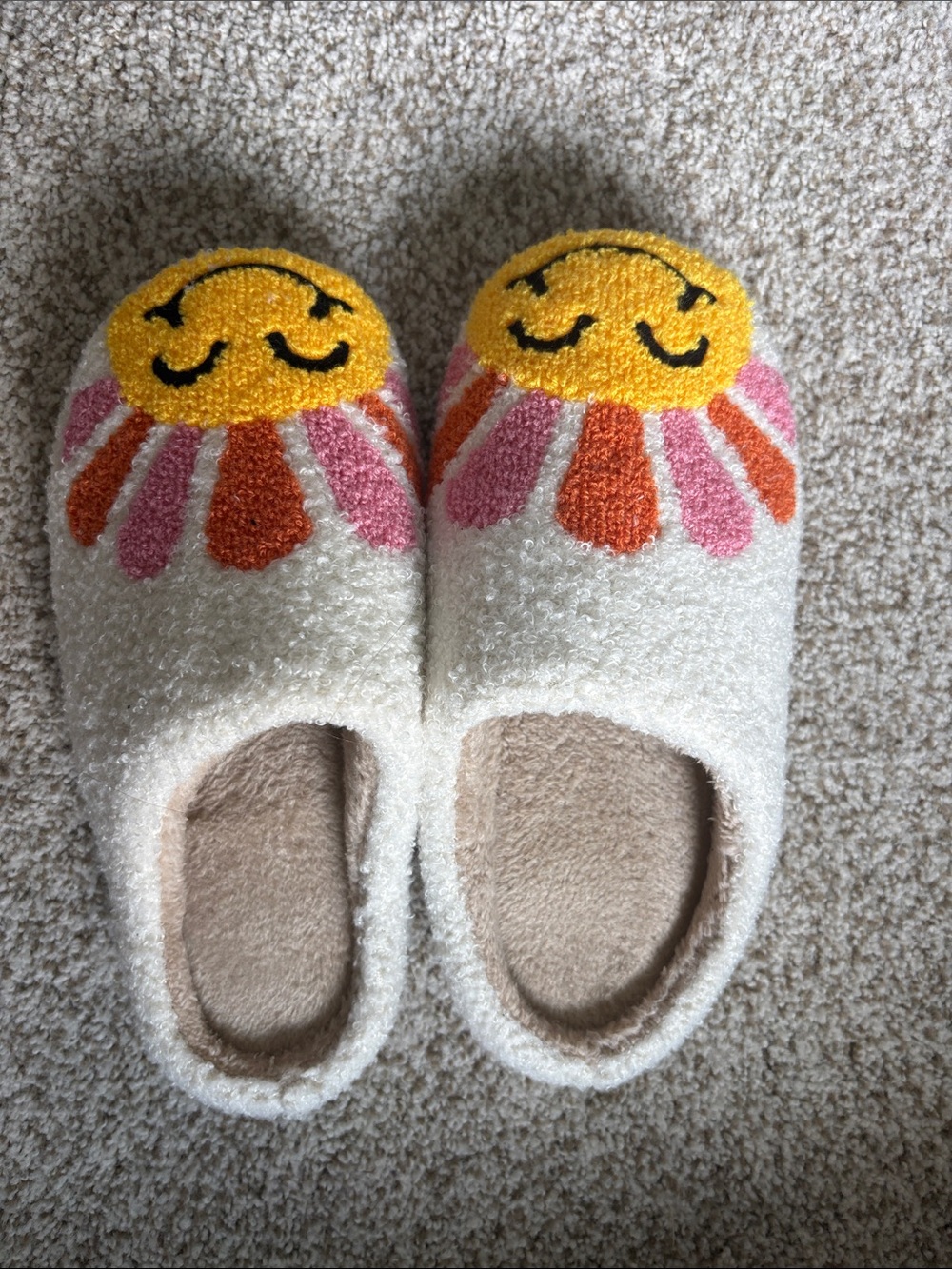 Smiling Sun Cozy Slippers - Cream with Yellow, Pink & Orange